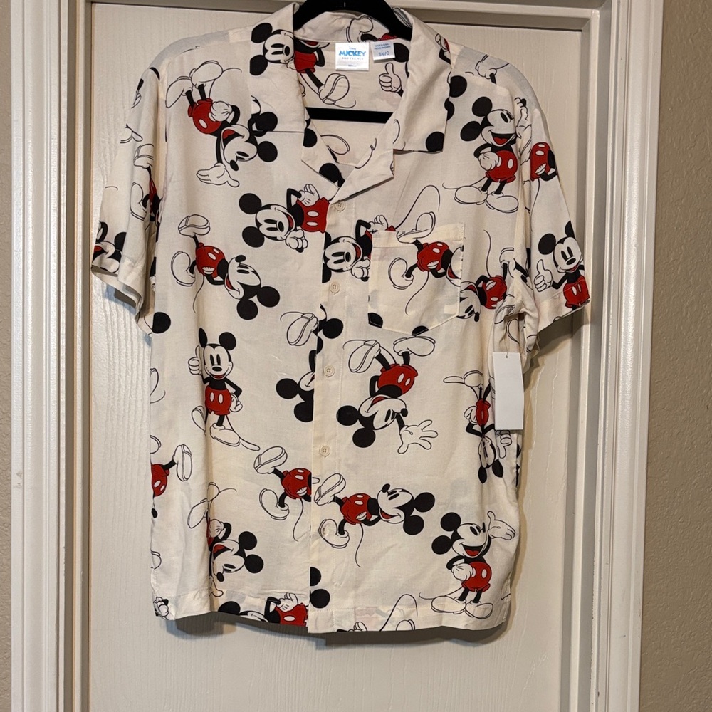 Mickey Mouse Cream Short-Sleeve Button-Down Shirt